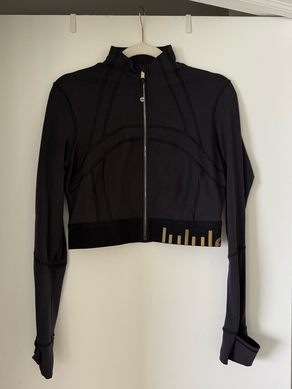 lululemon athletica Black Cropped Zip-Up Bomber Jacket with Gold Accent